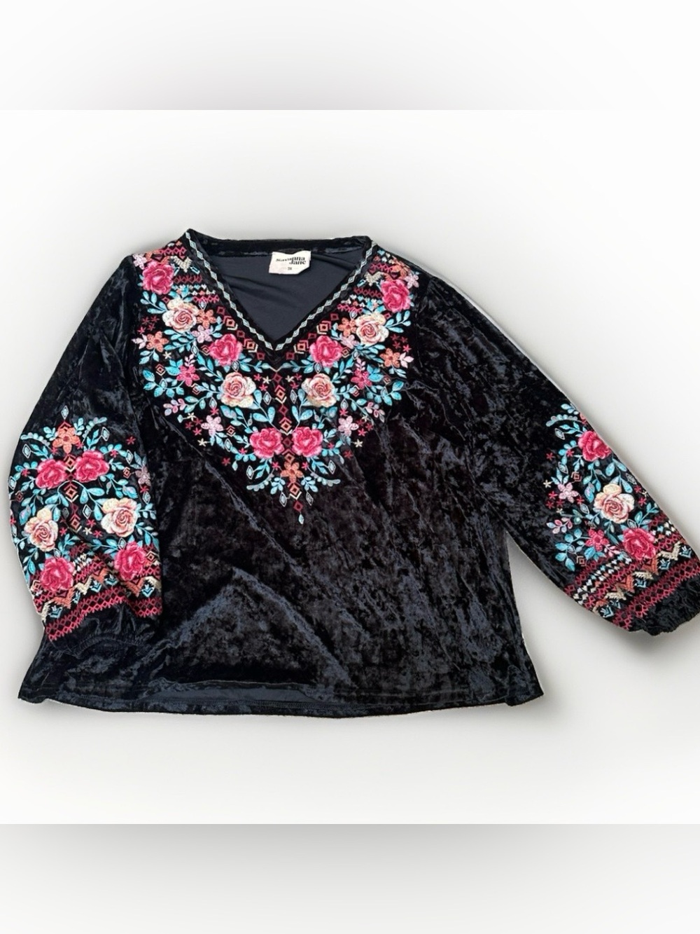 Savanna Jane Plus Size 3X Velvet Multicolor Floral Embroidery Balloon Sleeve Top